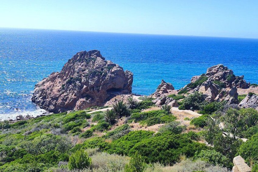 A coastal landscape with rocky formations and green vegetation. 2