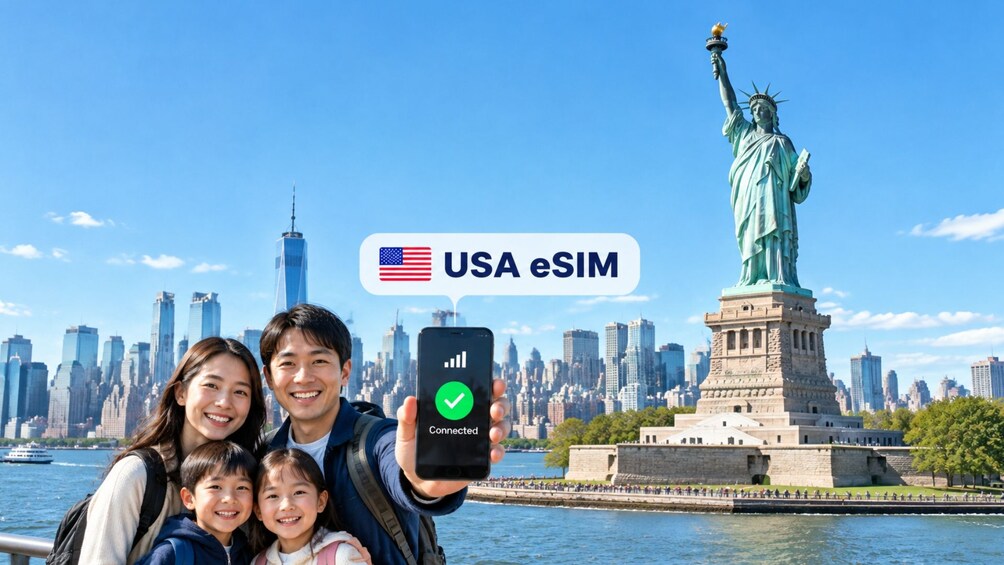 Une famille devant la Statue de la Liberté, un smartphone à la main affichant un signal de connexion. 1