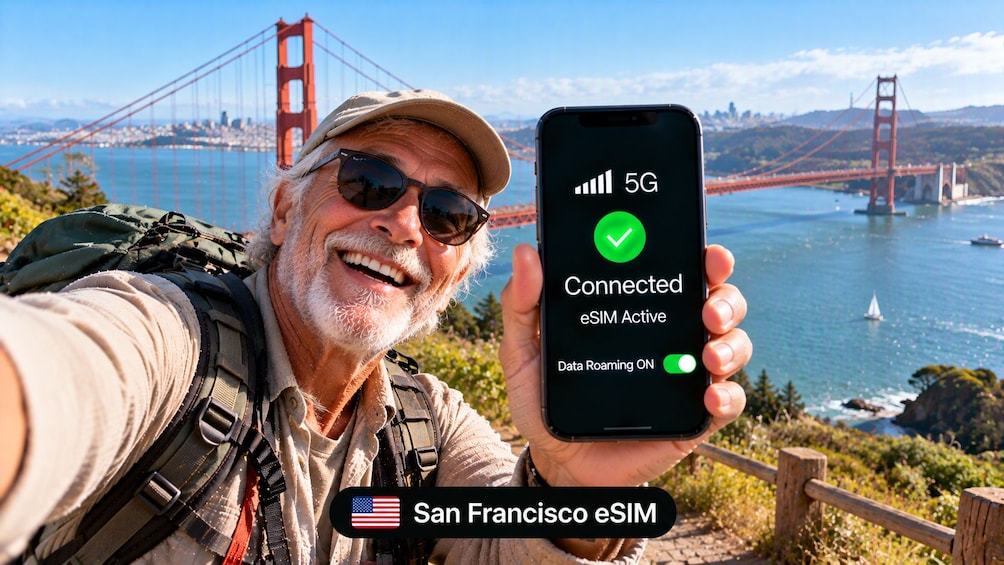 A person holding a smartphone displaying a 5G connection with a green checkmark, in front of the Golden Gate Bridge. 1