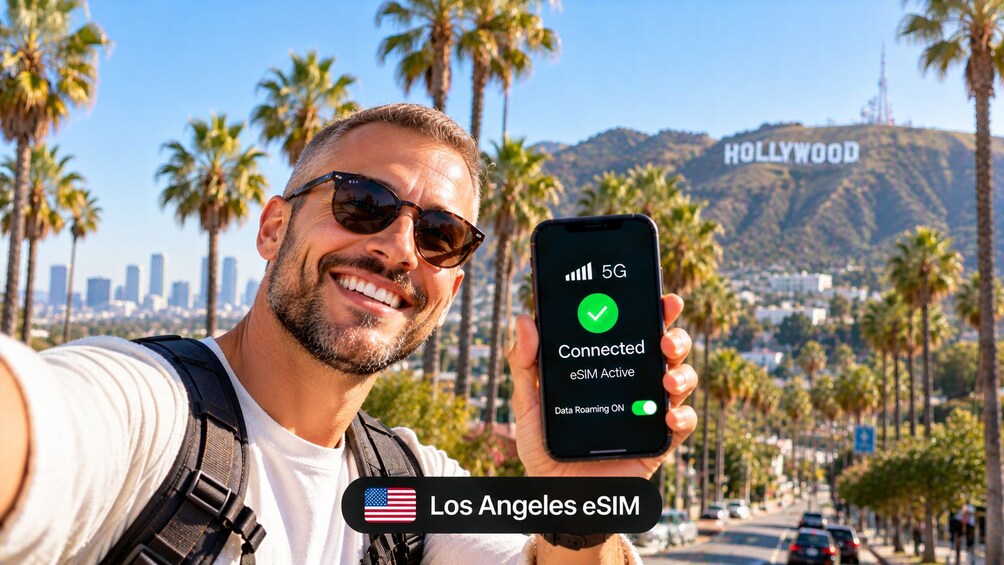 Eine Person hält ein Smartphone, das eine 5G-Verbindung anzeigt, mit den Meldungen 'Verbunden' und 'eSIM aktiv'. Im Hintergrund sind Palmen und das Hollywood-Schild zu sehen. 1