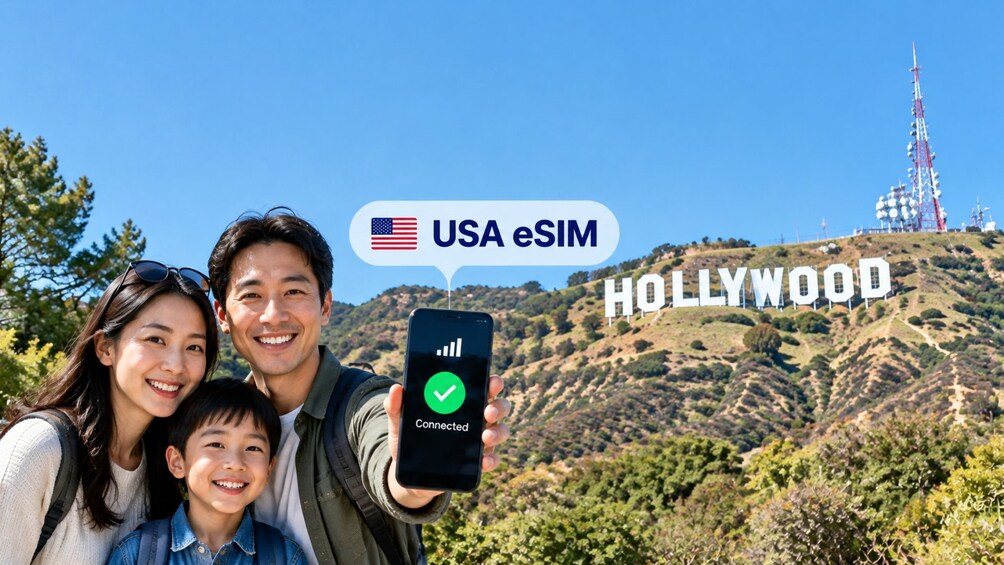 Una família fent-se una autotoma amb un telèfon intel·ligent que mostra l'estat 'Connected', amb la icona de Hollywood i una torre de ràdio de fons. 1