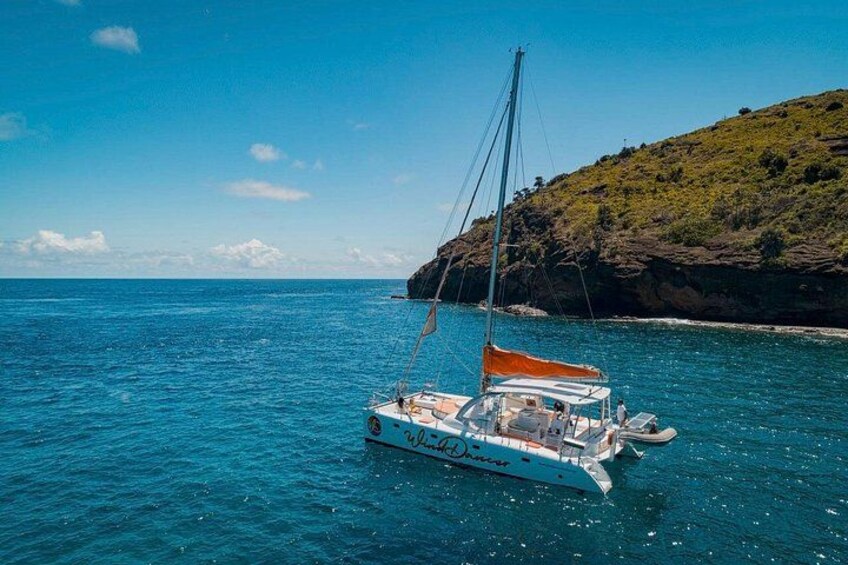 A white catamaran with an orange canopy sailing on turquoise waters near a rocky coastline. 5