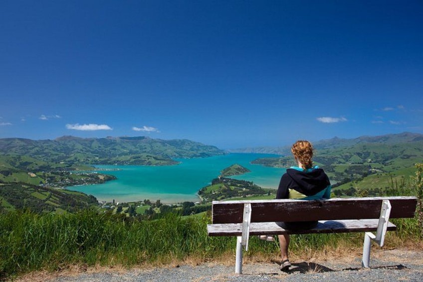 A person sitting on a bench overlooking a coastal landscape with hills and a turquoise sea. 3