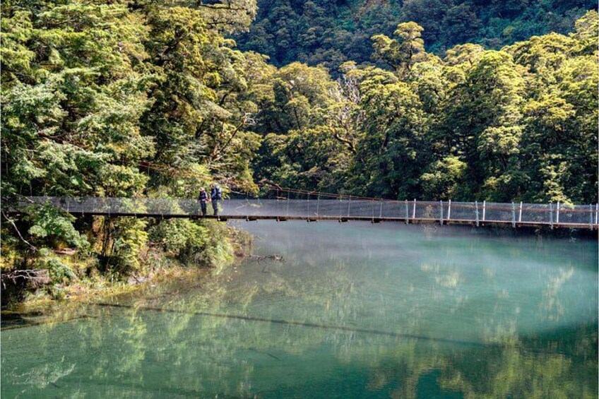 A bridge over a calm body of water surrounded by dense forest. 2