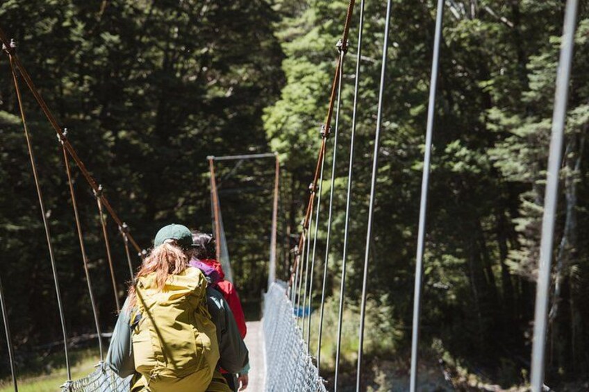 A person crossing a suspension bridge in a forested area. 4