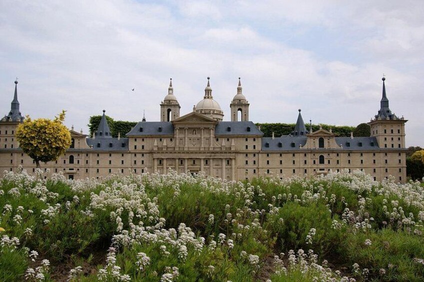 Ein großes, historisches Gebäude mit mehreren Türmen und Kuppeln, umgeben von einem Feld weißer Blumen. 3