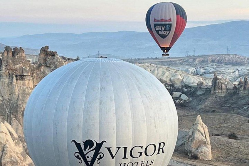 Een grote witte koepel met het logo van Vigor Hotels, een luchtballon op de achtergrond en een rotsachtig landschap. 4