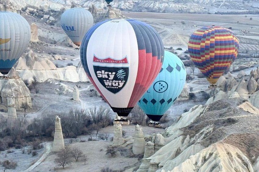 Een groep luchtballonnen boven een rotsachtig landschap. 1