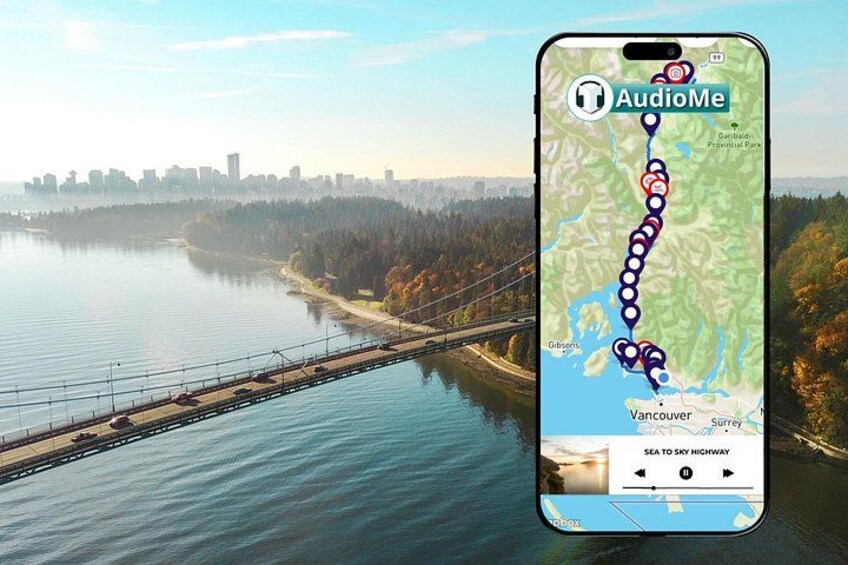 Ein Smartphone zeigt eine Karte mit einer Route von Vancouver nach Seattle, eine Brücke über Wasser und eine Stadtansicht im Hintergrund. 1