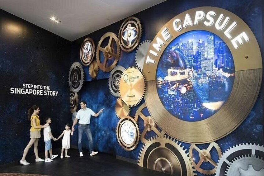 Una famiglia in piedi di fronte a un muro con un grande orologio circolare e ingranaggi, con uno skyline urbano sullo sfondo. 2