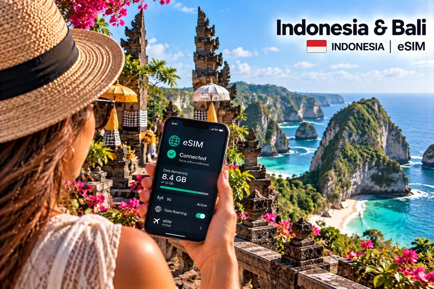 Une personne tenant un smartphone affichant des informations sur l’utilisation des données de la carte eSIM, avec en arrière-plan un paysage côtier pittoresque et des exemples d’architecture traditionnelle. 5