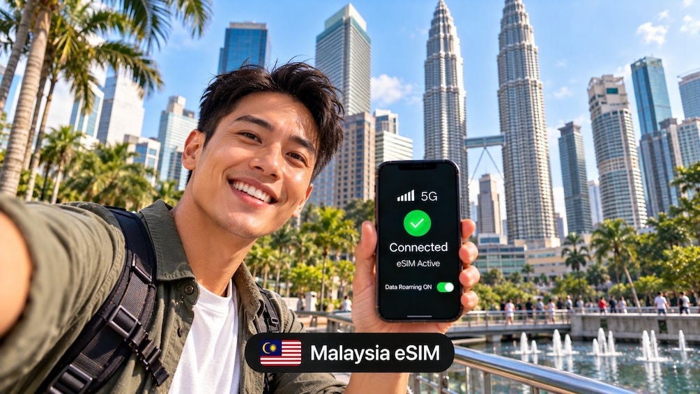 Una persona sosteniendo un teléfono inteligente que muestra una conexión 5G con eSIM para Malasia. 1