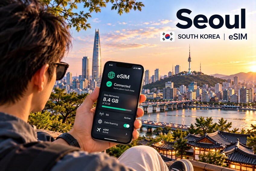 A person holding a smartphone displaying eSIM connectivity status in Seoul, South Korea. 1
