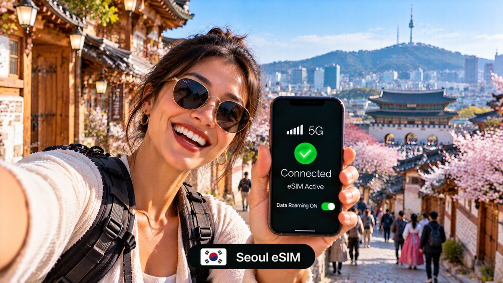 Una persona sosteniendo un teléfono inteligente que muestra una conexión 5G, con un paisaje urbano de fondo. 1