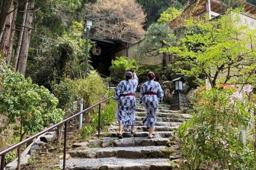 A stone staircase surrounded by greenery, leading to a traditional building. 4