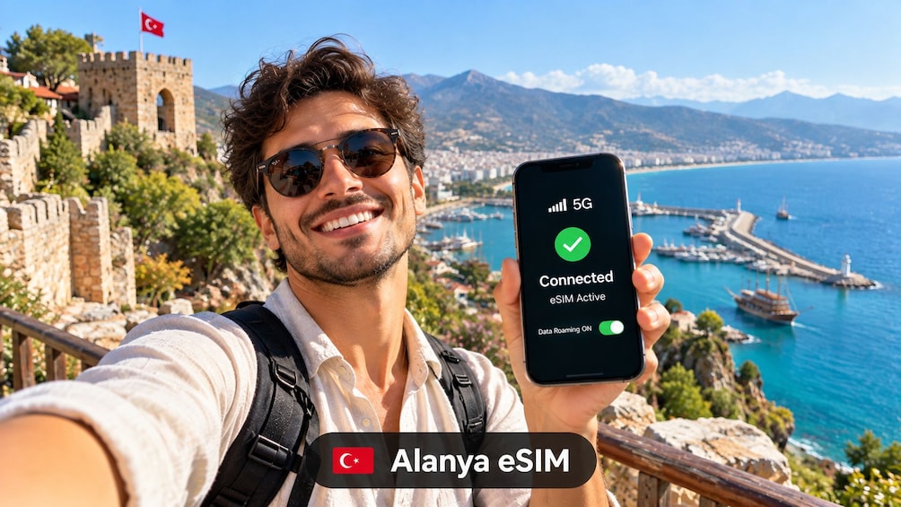 A person holding a smartphone displaying a 5G connection and eSIM activation, with a scenic coastal view in the background. 1