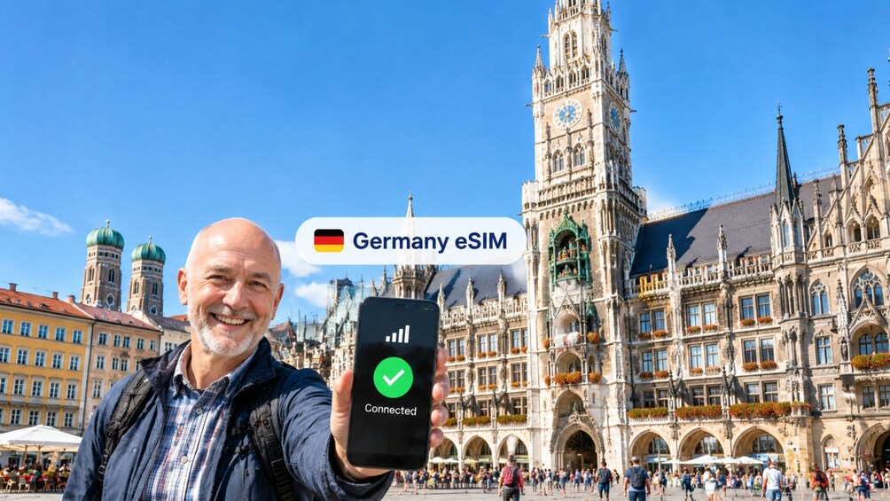 A man holding a smartphone with a 'Connected' status in front of a historic building with a clock tower. 1