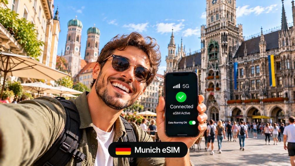 A person holding a smartphone displaying a 5G connection and eSIM status in a busy outdoor area with historical buildings in the background. 3