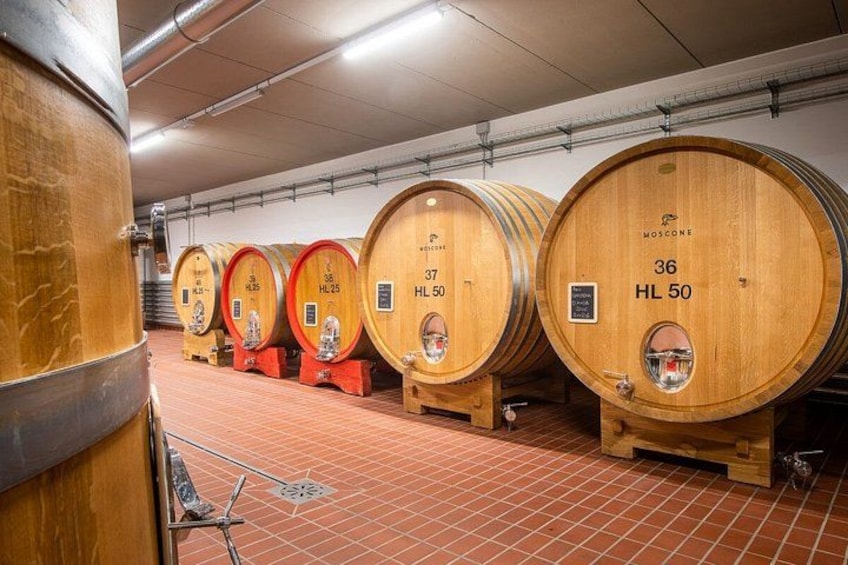Wooden wine barrels in a cellar with metal racks. 3