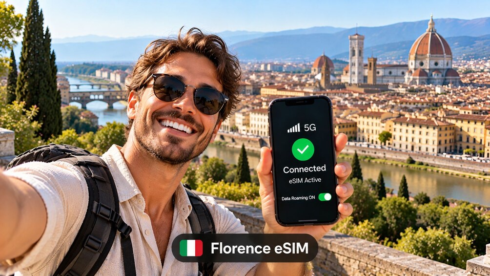 A person holding a smartphone displaying a 5G connection and eSIM status in Florence. 1
