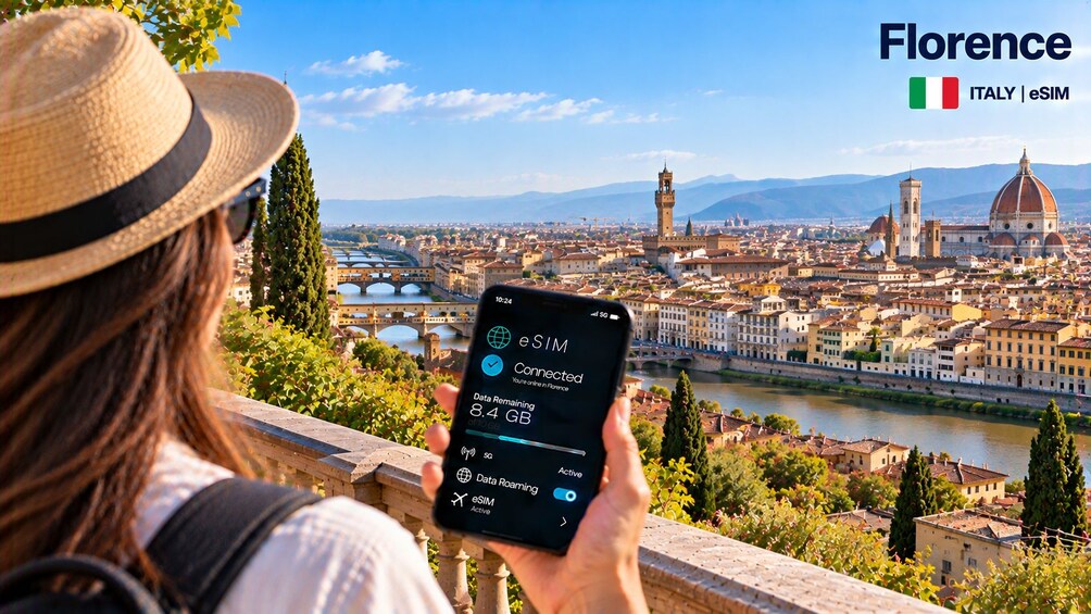 A person holding a smartphone with a Florence cityscape in the background. 5