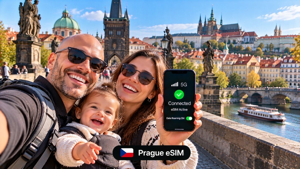 A family taking a selfie with a smartphone displaying a 5G connection and eSIM status. 2