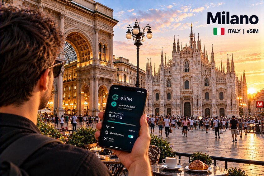 Eine Person hält ein Smartphone mit aktiviertem eSIM-Dataroaming vor dem Mailänder Dom. 1