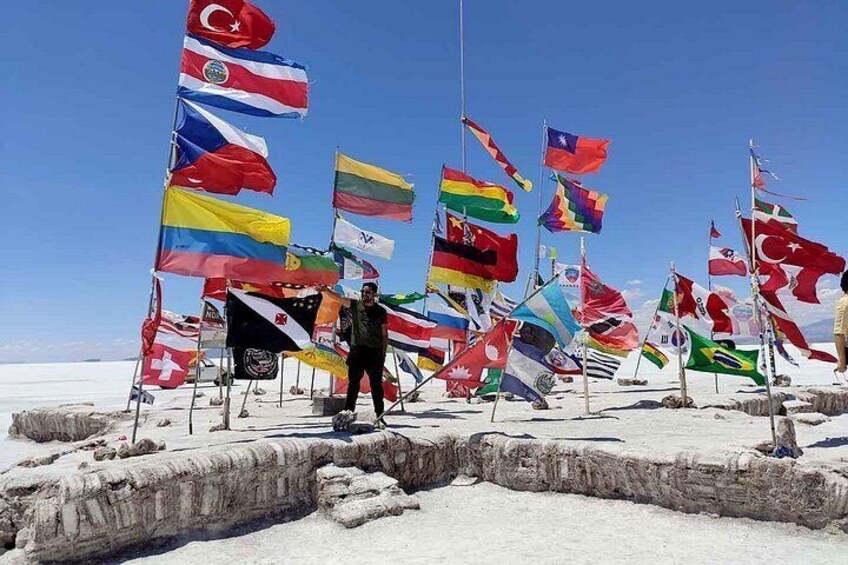 A person standing among numerous flags on a snowy landscape. 4