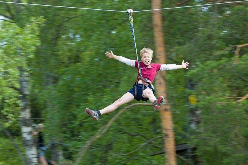 A person zip-lining through a forest. 2