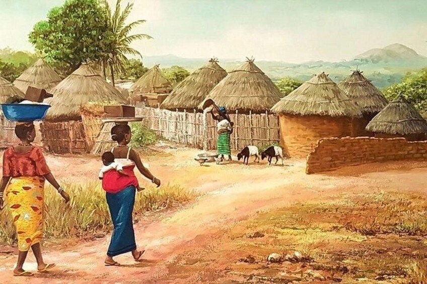 A rural village with thatched-roof huts, women walking, and a child being carried. 5