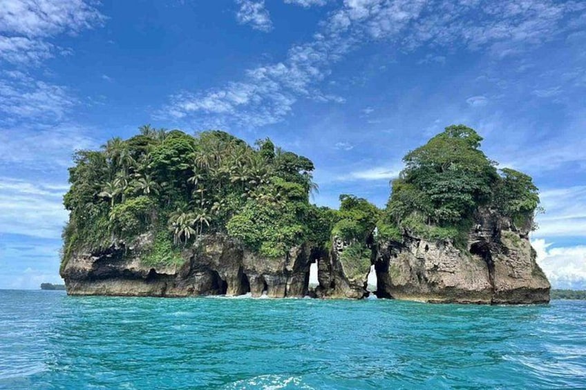 A tropical island with lush greenery and clear blue waters. 3