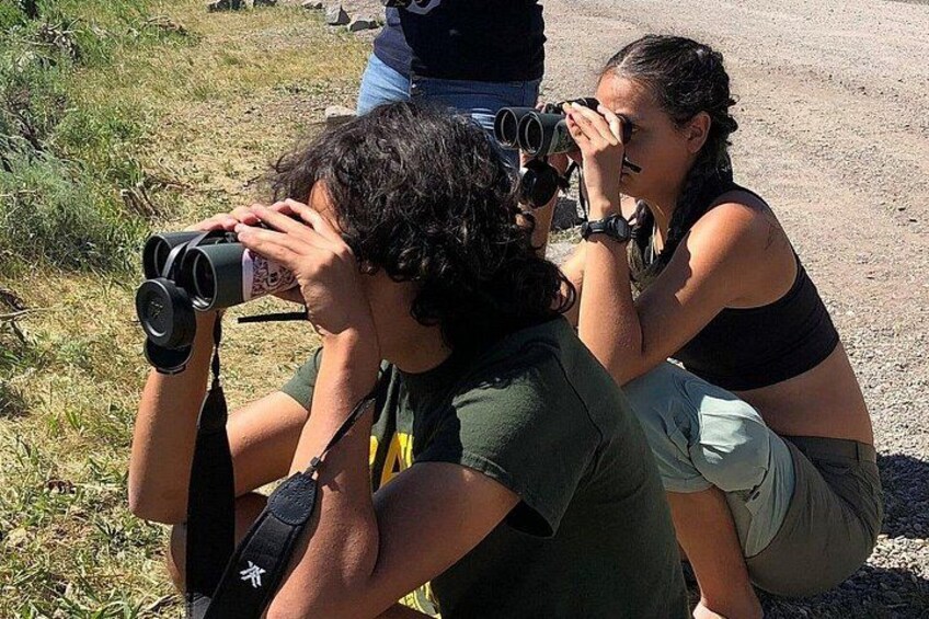 Two people using binoculars, sitting on the ground outdoors. 4