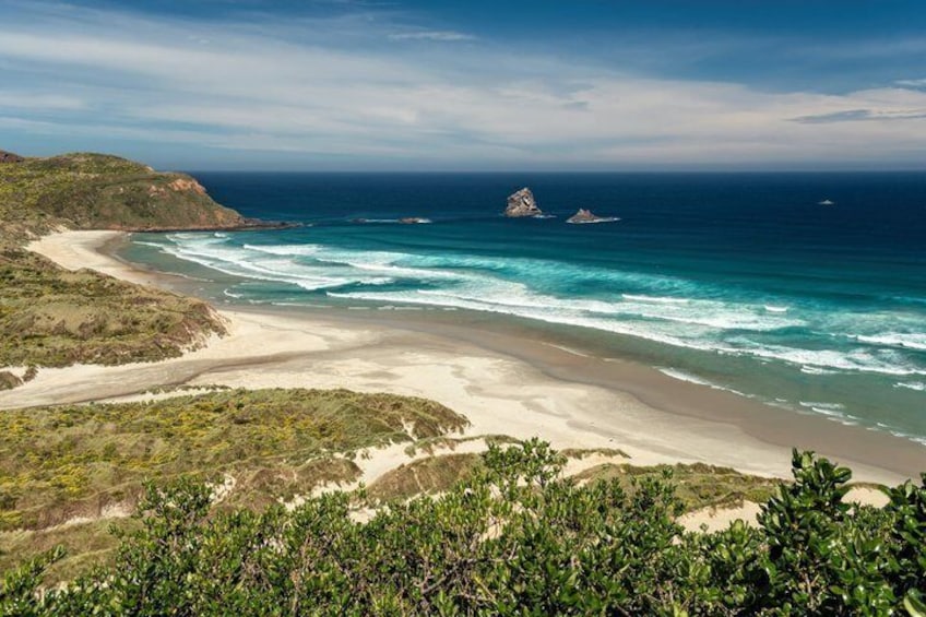 Een kustlandschap met een zandstrand, golven en rotsachtige rotsen. 5