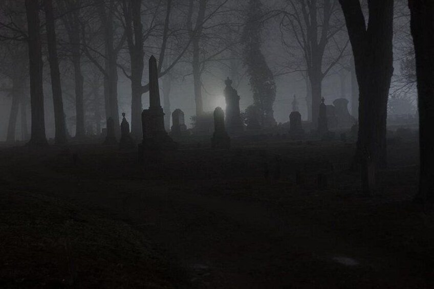 Un cementerio brumoso con lápidas y árboles. 3