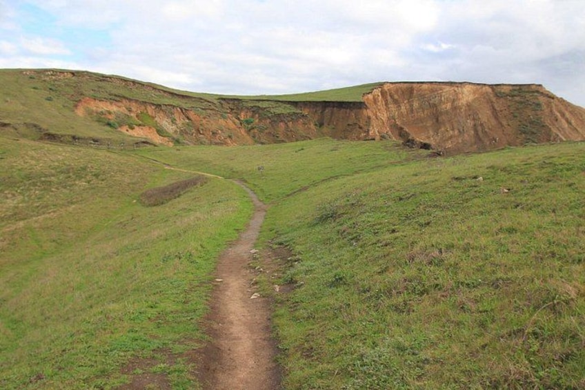 A dirt path winding through a grassy landscape with a steep cliff on one side. 4