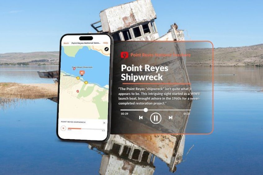 Een smartphone toont een kaart met Point Reyes National Seashore en een wrak. 5
