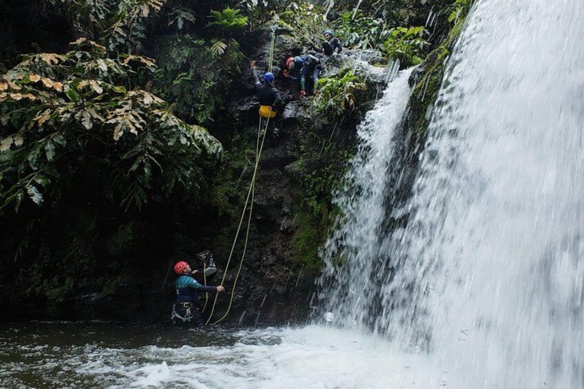 A waterfall with people rappelling down a rocky cliff. 2