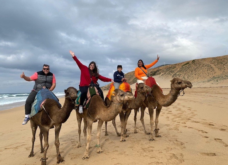 A group of people riding camels on a beach with a cloudy sky. 3