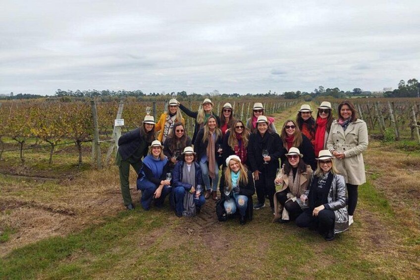 A group of people in a vineyard with rows of grapevines. 1