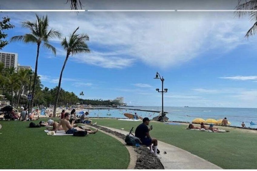 Una playa con gente tomando el sol, palmeras y cielo despejado. 3
