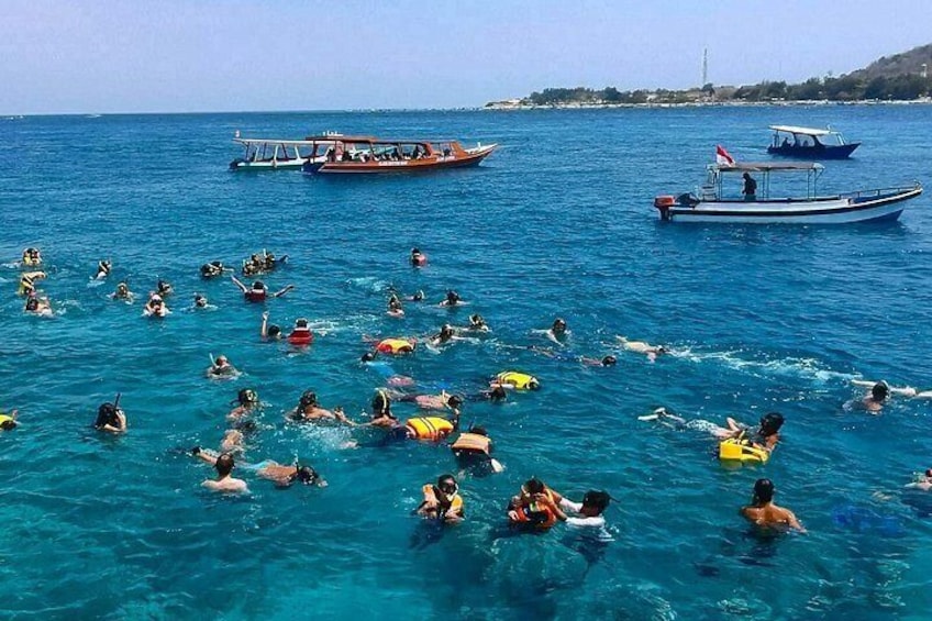 Un grupo de personas nadando en un mar azul y transparente, con barcos al fondo. 5