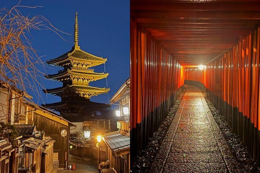 Een traditionele Japanse pagode en een gang met rode deuren. 1