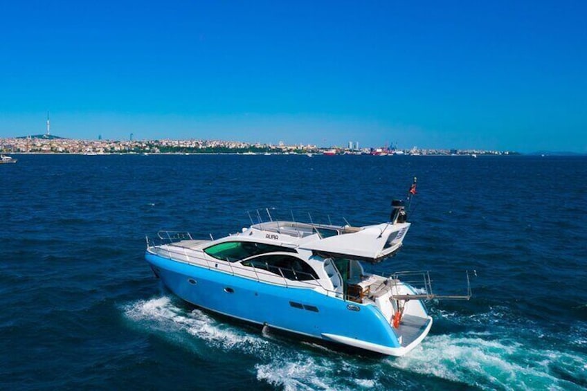 Un motoscafo blu sull'acqua, con una skyline sullo sfondo. 4
