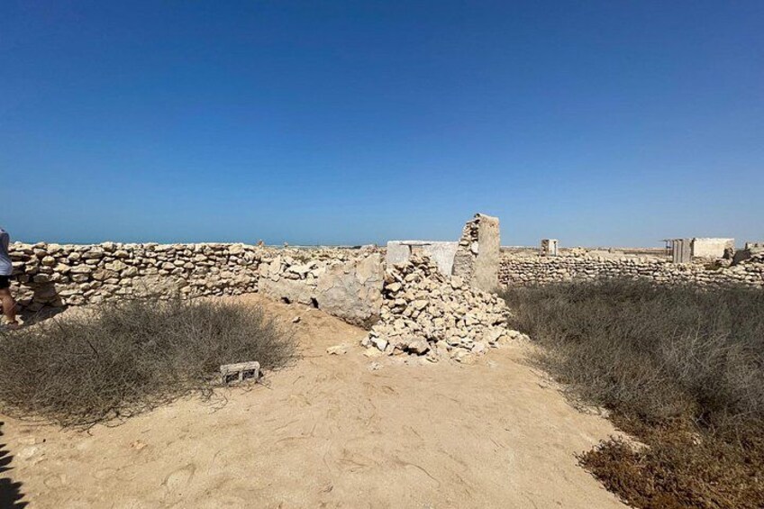 A desert landscape with stone ruins and sparse vegetation. 5