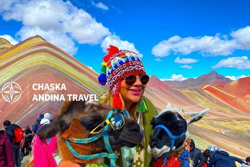 A person with llamas in a mountainous landscape. 4