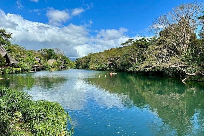 A river with houses on the banks, surrounded by greenery. 3