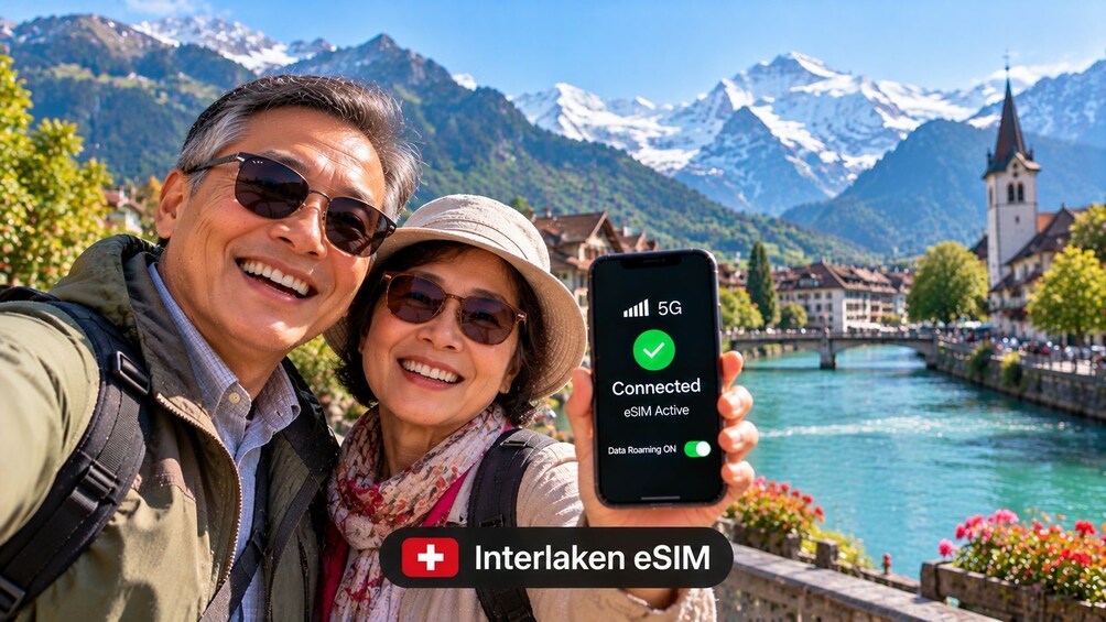 A person holding a smartphone displaying a 5G connection and eSIM status. 1