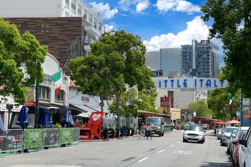 A street with parked cars, a Little Italy sign, and trees. 4