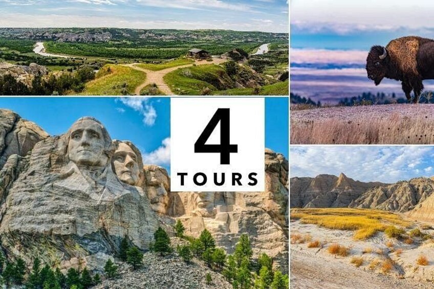 A collage of four different landscapes, including a mountain range, a bison, a mountain peak, and a famous mountain with a monument. 1