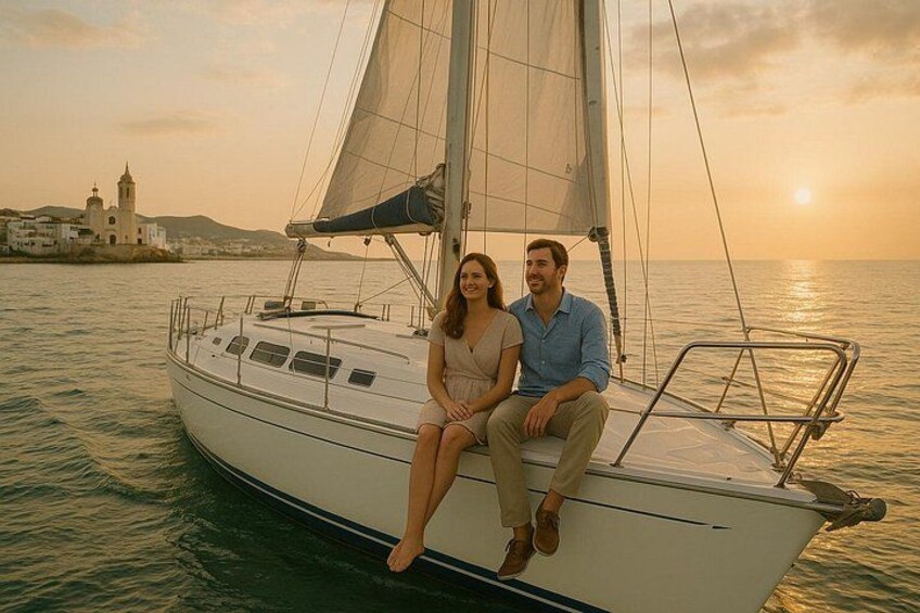 A couple on a sailboat with a coastal town in the background. 2